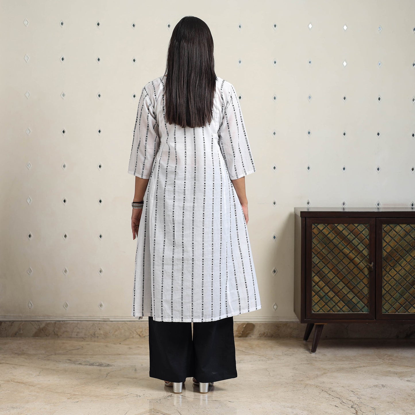 White A-Line Cotton Jacquard Kurta