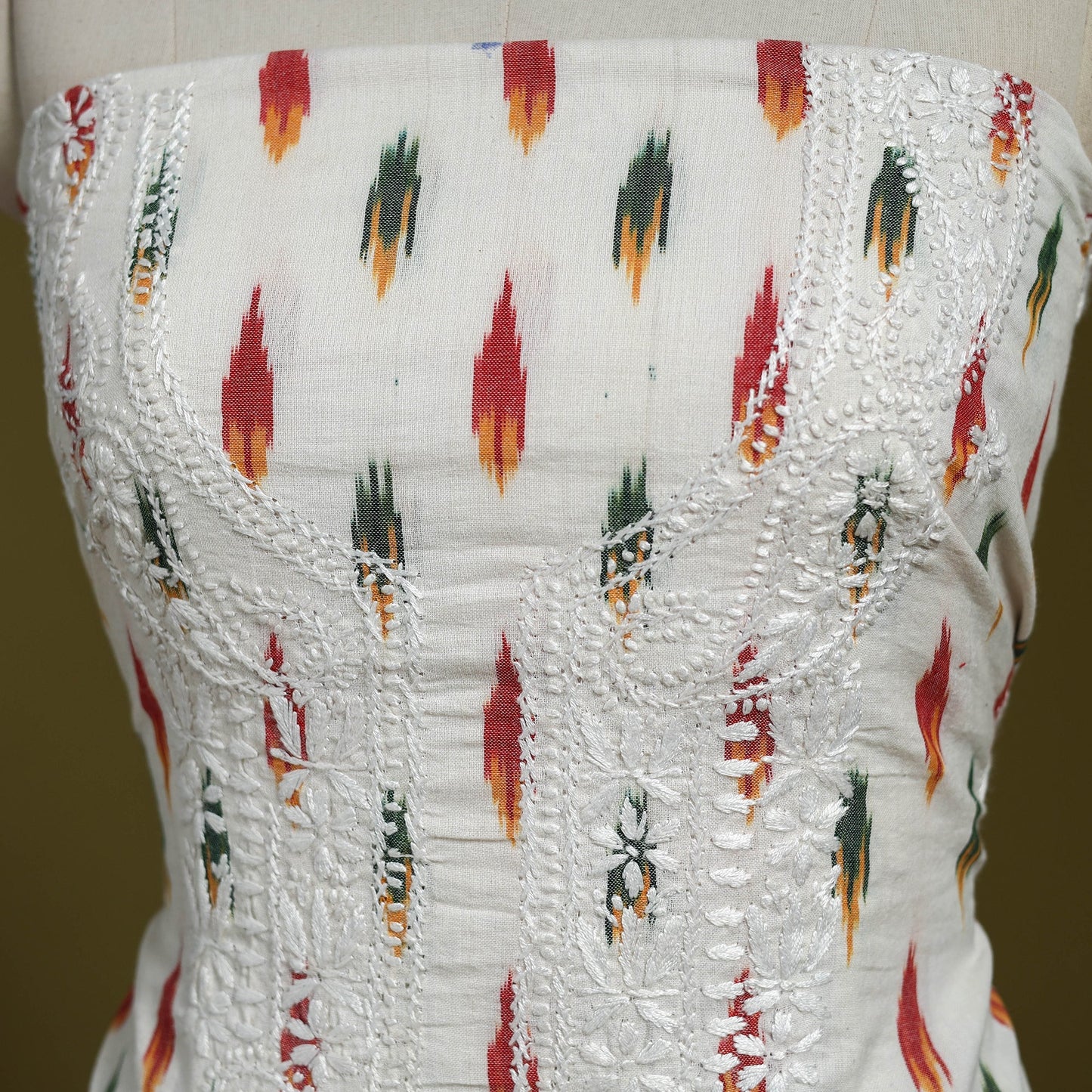 Lucknowi chikankari work pochampally ikat unstitched kurta