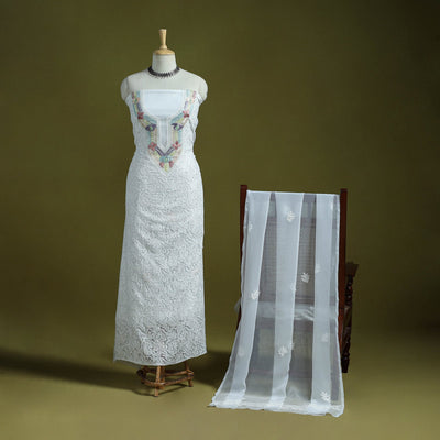 White - lucknowi hand embroidered chikankari georgette 3pc