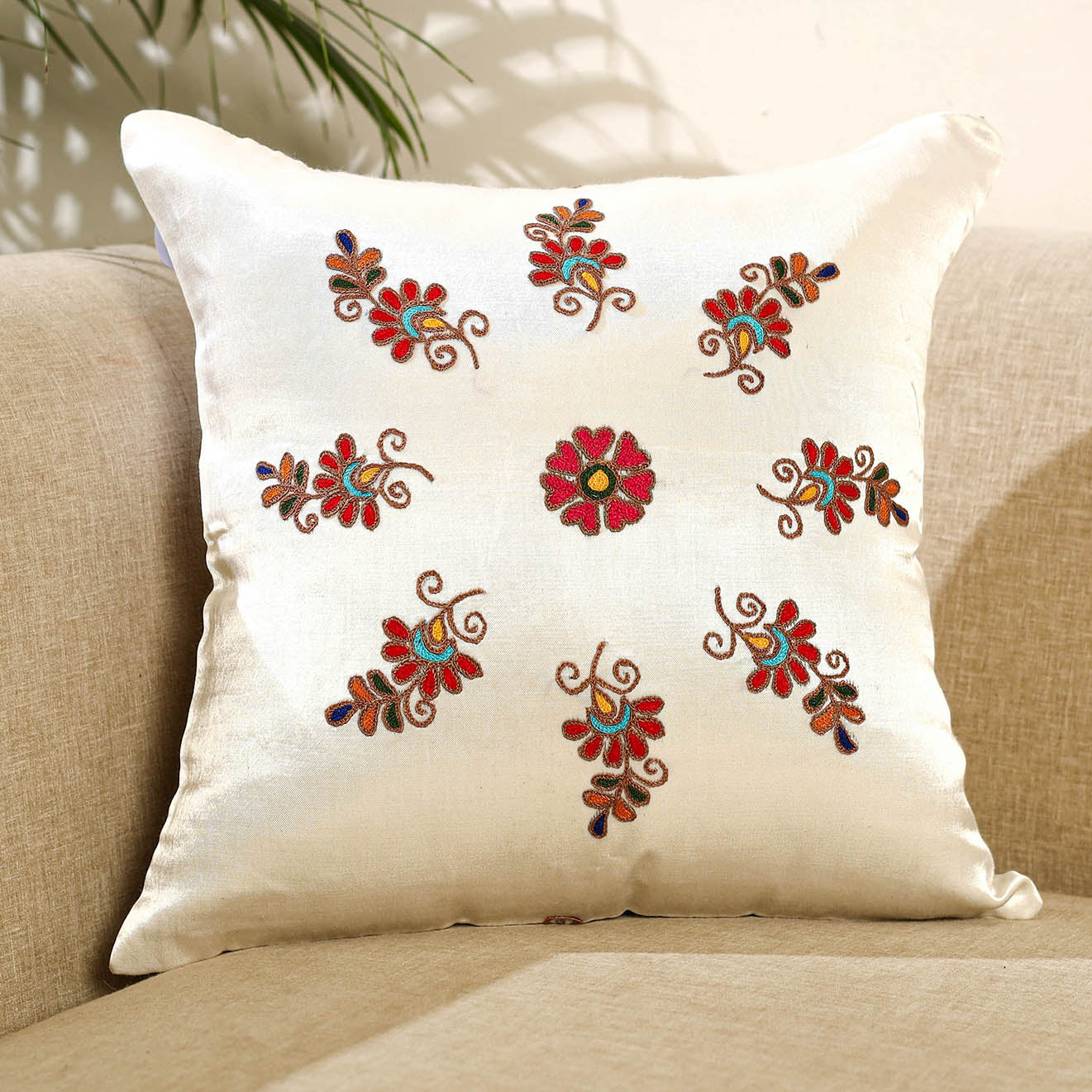 Buy Thread & Zari Work Cotton White Cushion Cover