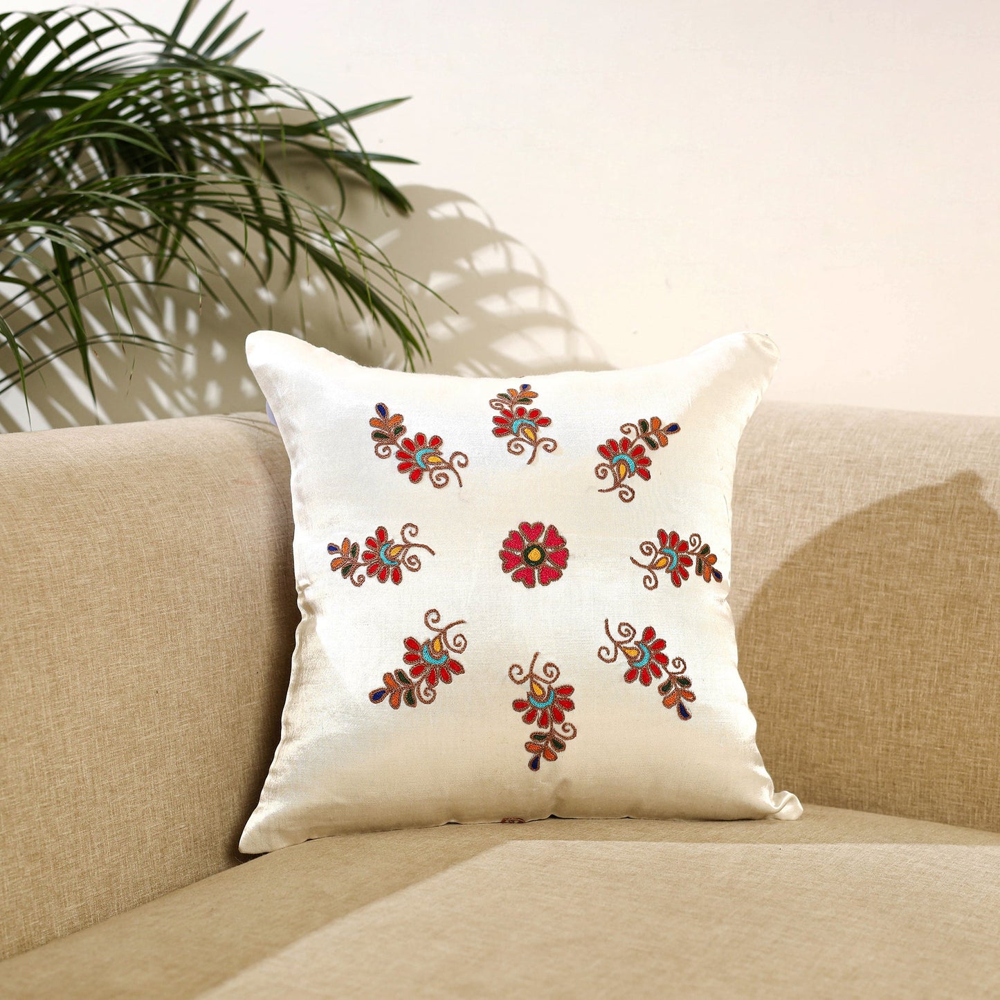 Buy Thread & Zari Work Cotton White Cushion Cover