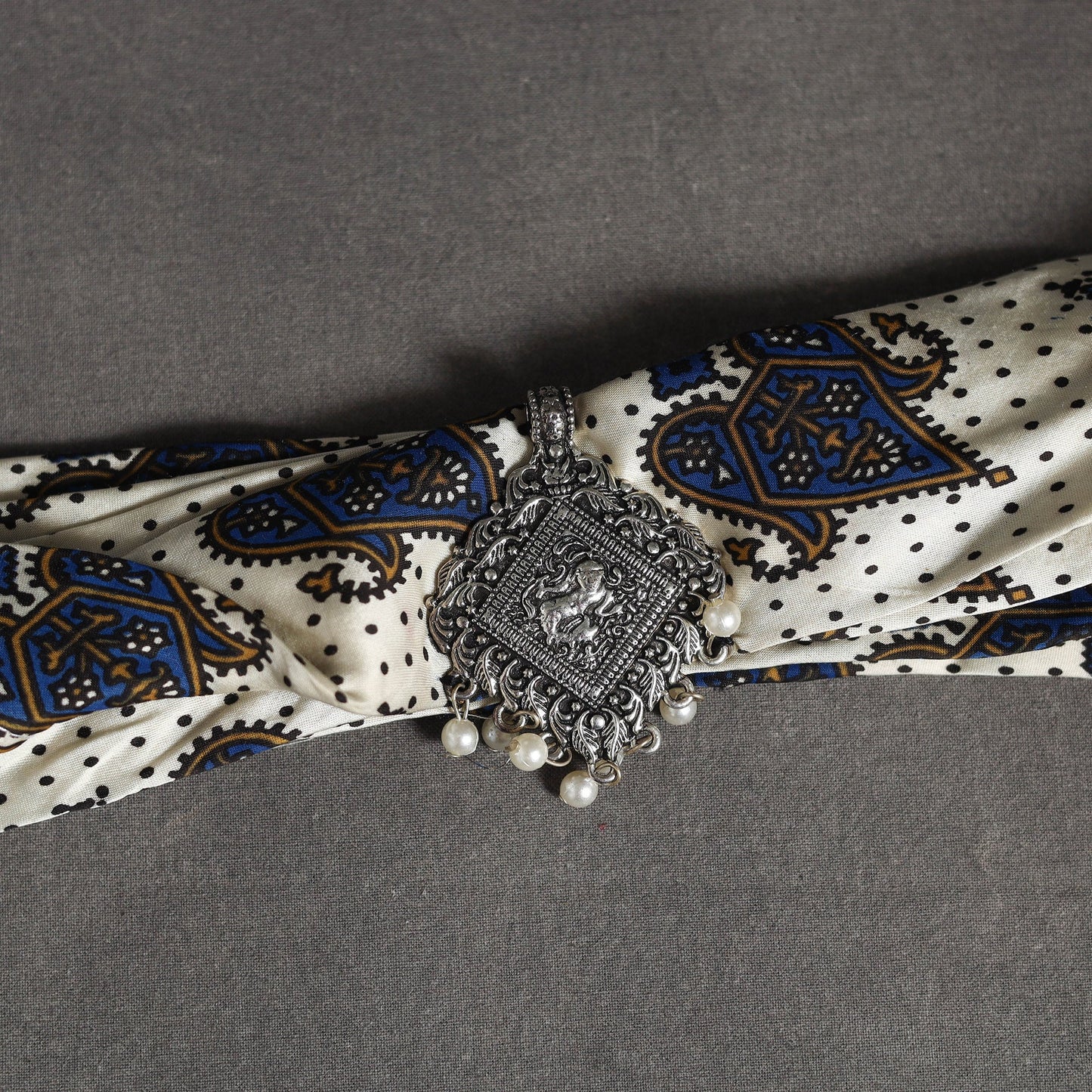 White Block Print Modal Silk Pendant Necklace Scarf