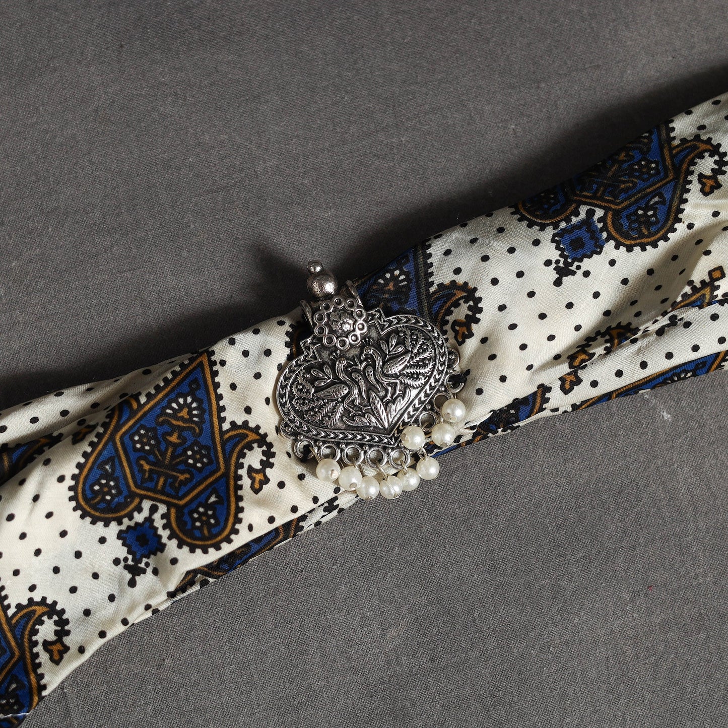 White Block Print Modal Silk Pendant Necklace Scarf