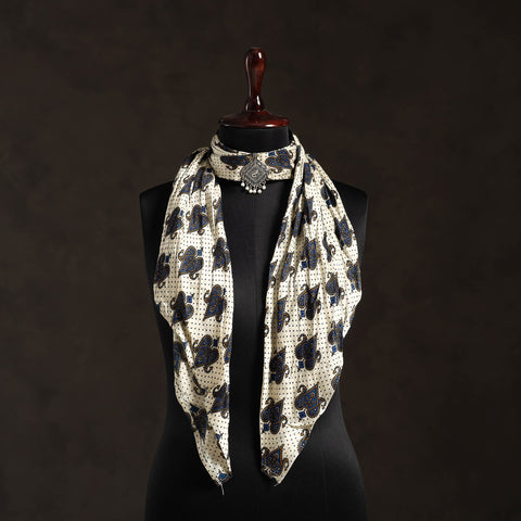 White Block Print Modal Silk Pendant Necklace Scarf
