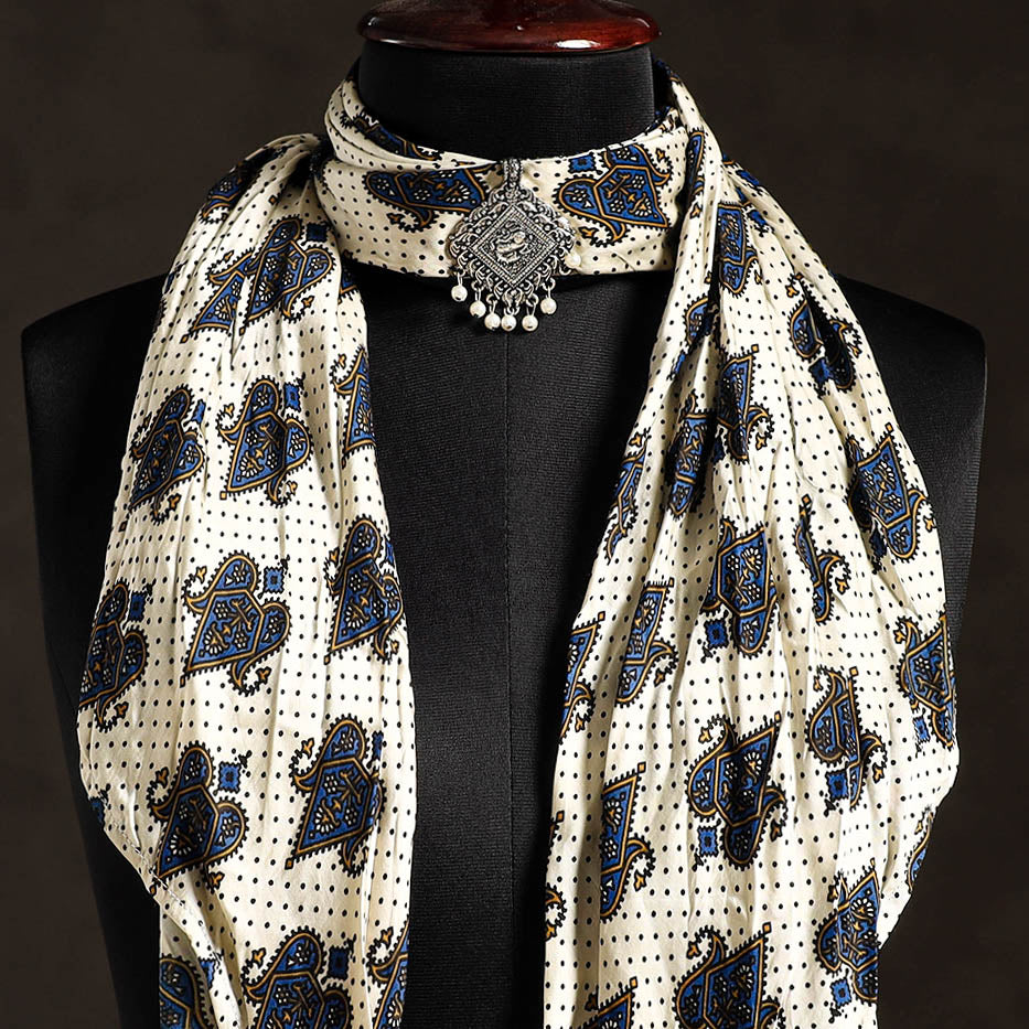 White Block Print Modal Silk Pendant Necklace Scarf