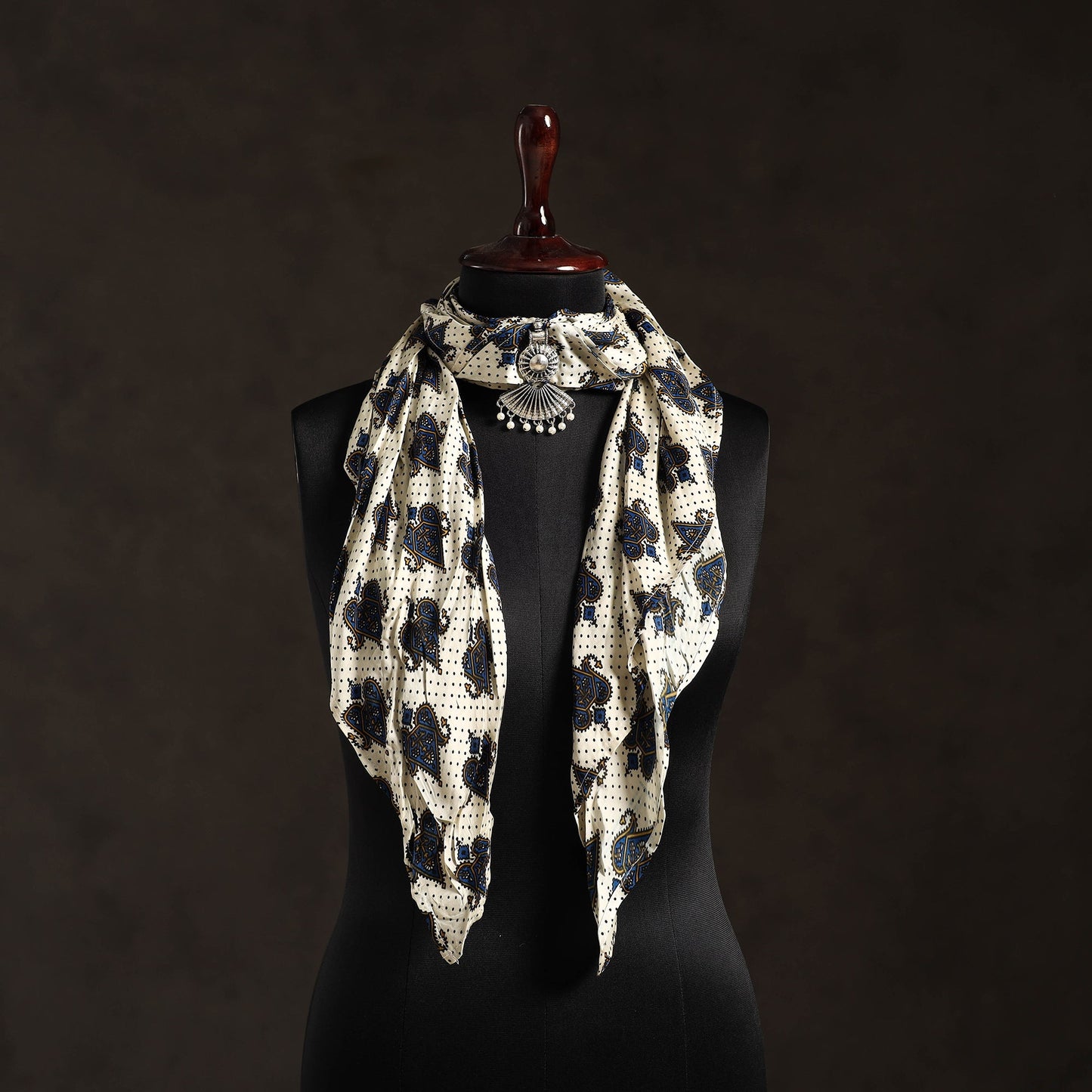 White Block Print Modal Silk Pendant Necklace Scarf