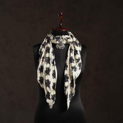 White Block Print Modal Silk Pendant Necklace Scarf