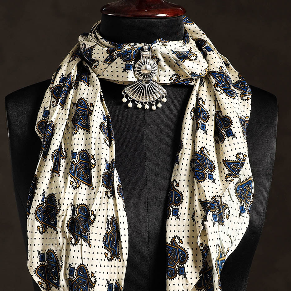White Block Print Modal Silk Pendant Necklace Scarf