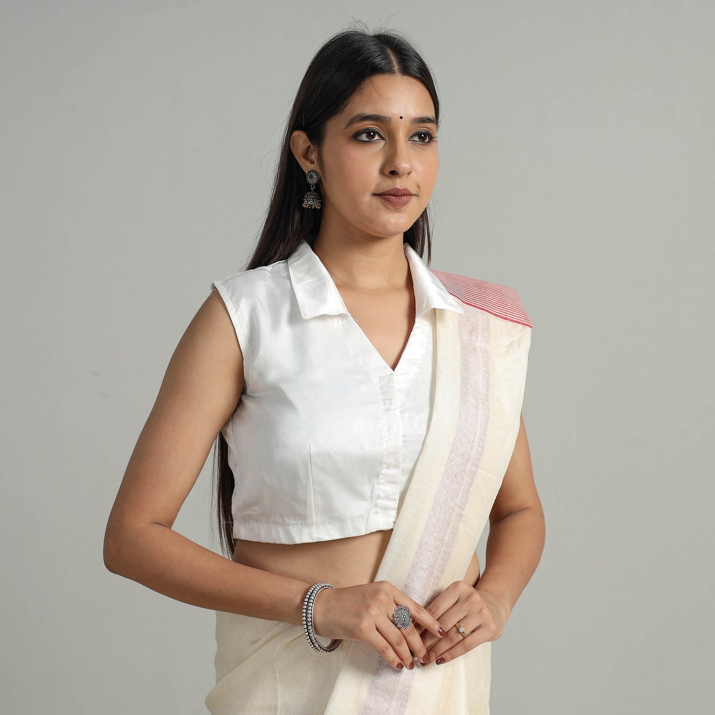 White - Modal Silk Plain Stitched Blouse 06