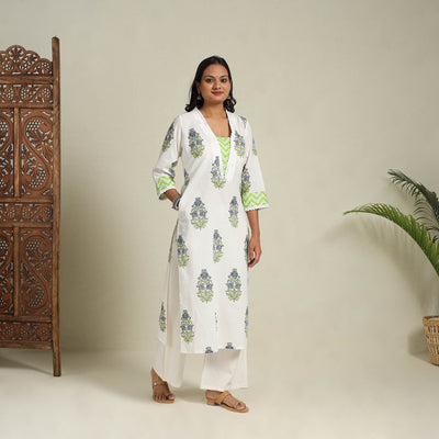 Mosaic Fusion Cotton White Straight Lace Work Sanganeri Kurta for Women