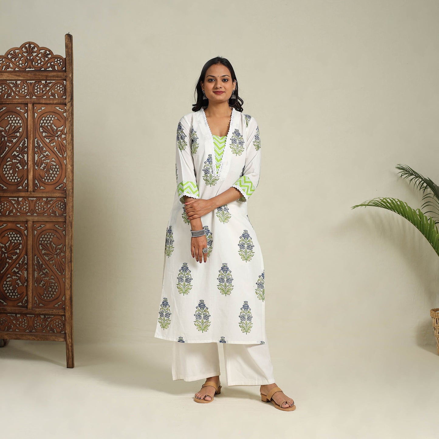 Mosaic Fusion Cotton White Straight Lace Work Sanganeri Kurta for Women