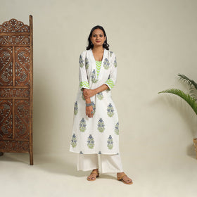 Mosaic Fusion Cotton White Straight Lace Work Sanganeri Kurta for Women