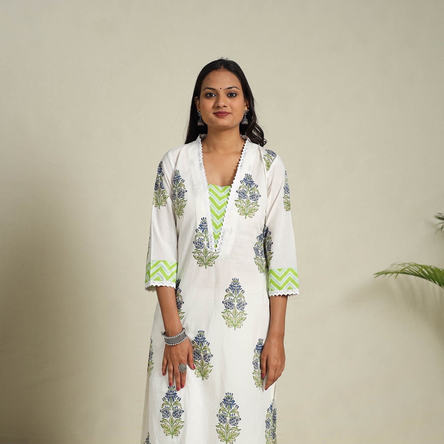 Mosaic Fusion Cotton White Straight Lace Work Sanganeri Kurta for Women