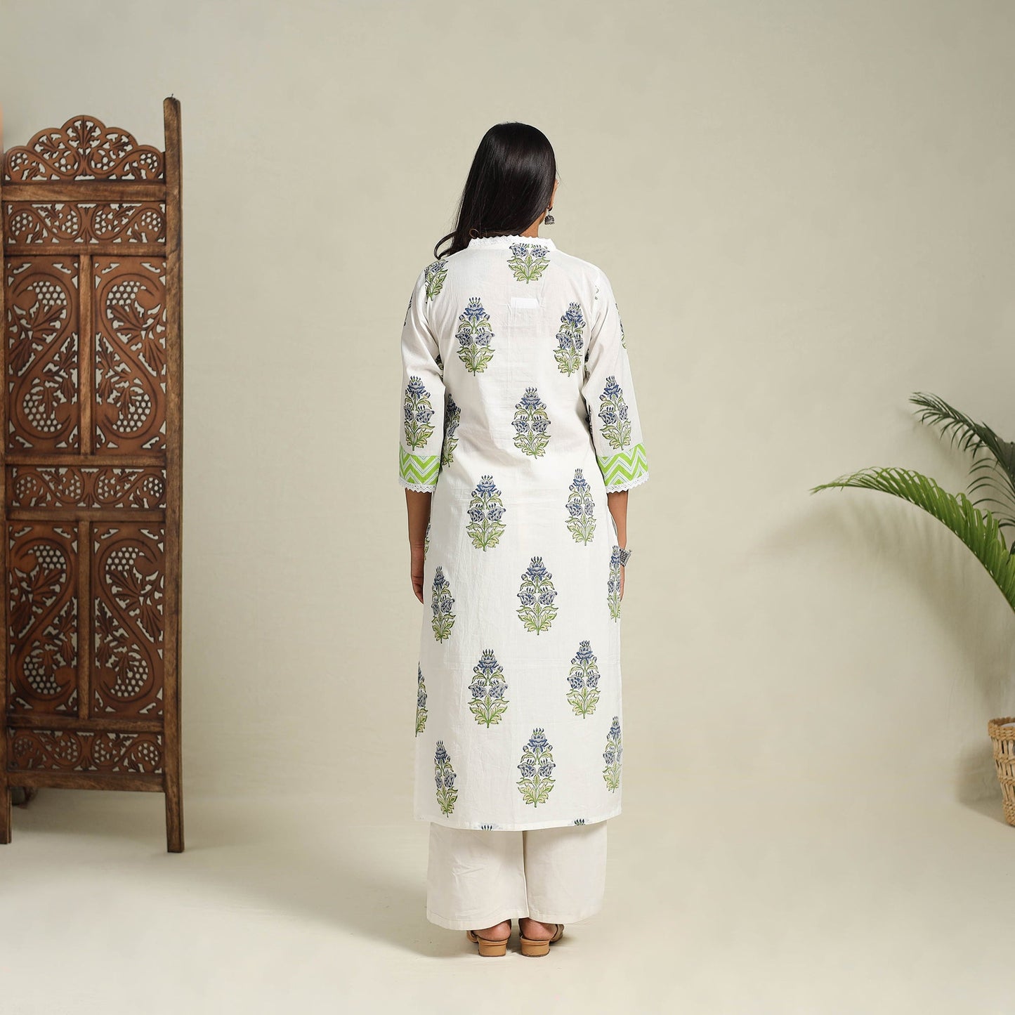 Mosaic Fusion Cotton White Straight Lace Work Sanganeri Kurta for Women