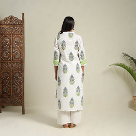 Mosaic Fusion Cotton White Straight Lace Work Sanganeri Kurta for Women