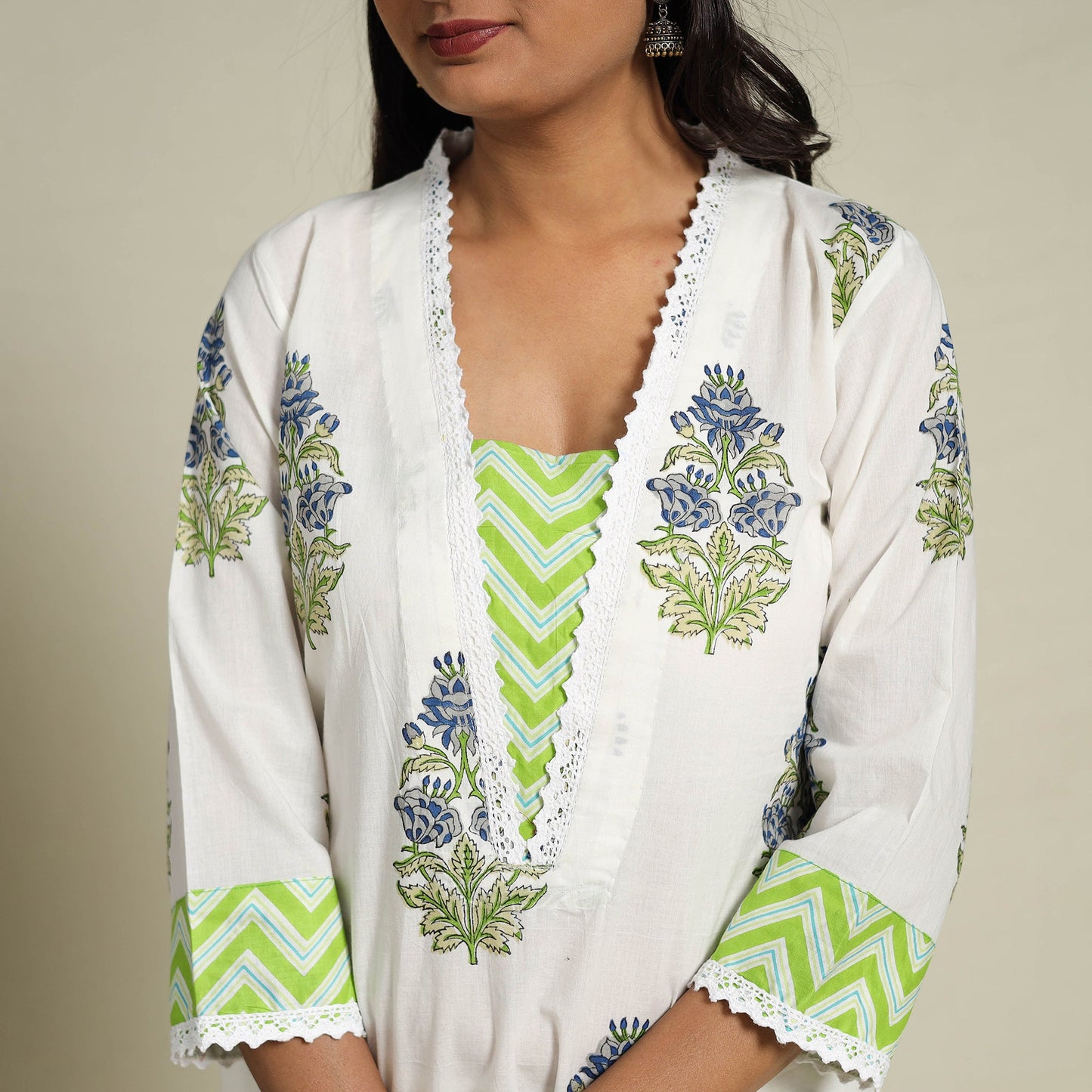 Mosaic Fusion Cotton White Straight Lace Work Sanganeri Kurta for Women