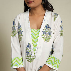 Mosaic Fusion Cotton White Straight Lace Work Sanganeri Kurta for Women