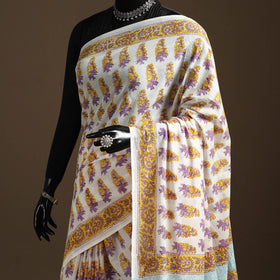 White - mul cotton sanganeri saree 03 - handcrafted