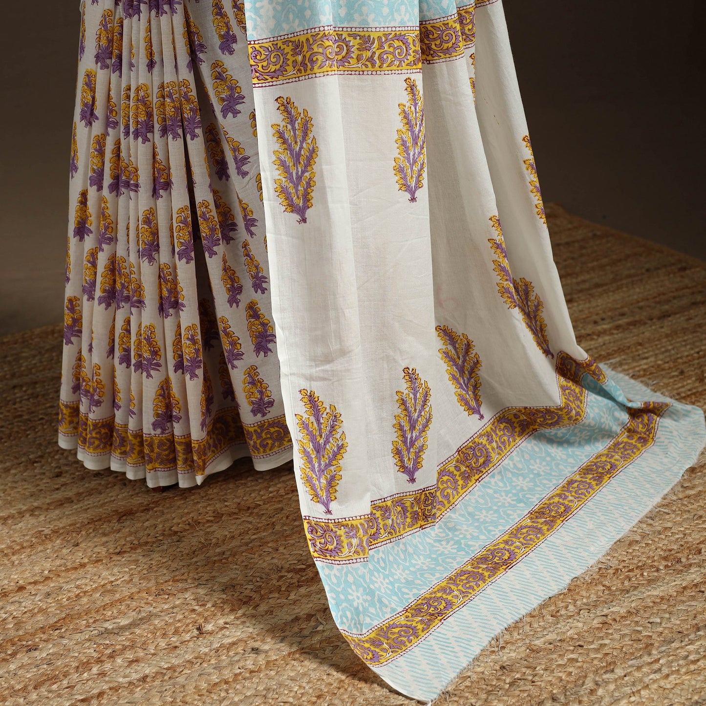 White - mul cotton sanganeri saree 03 - handcrafted