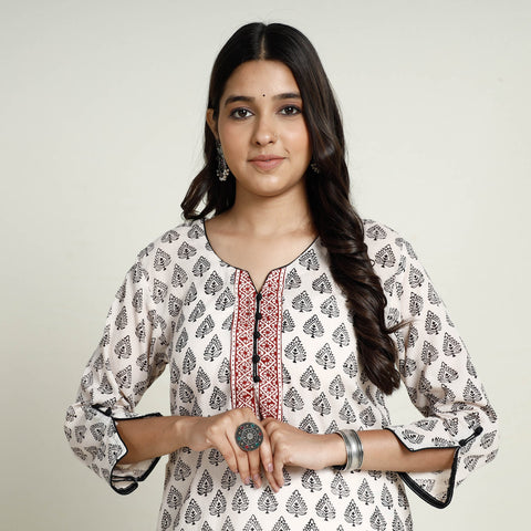 White Block Print Mul Cotton Straight Bagh Kurta for Women