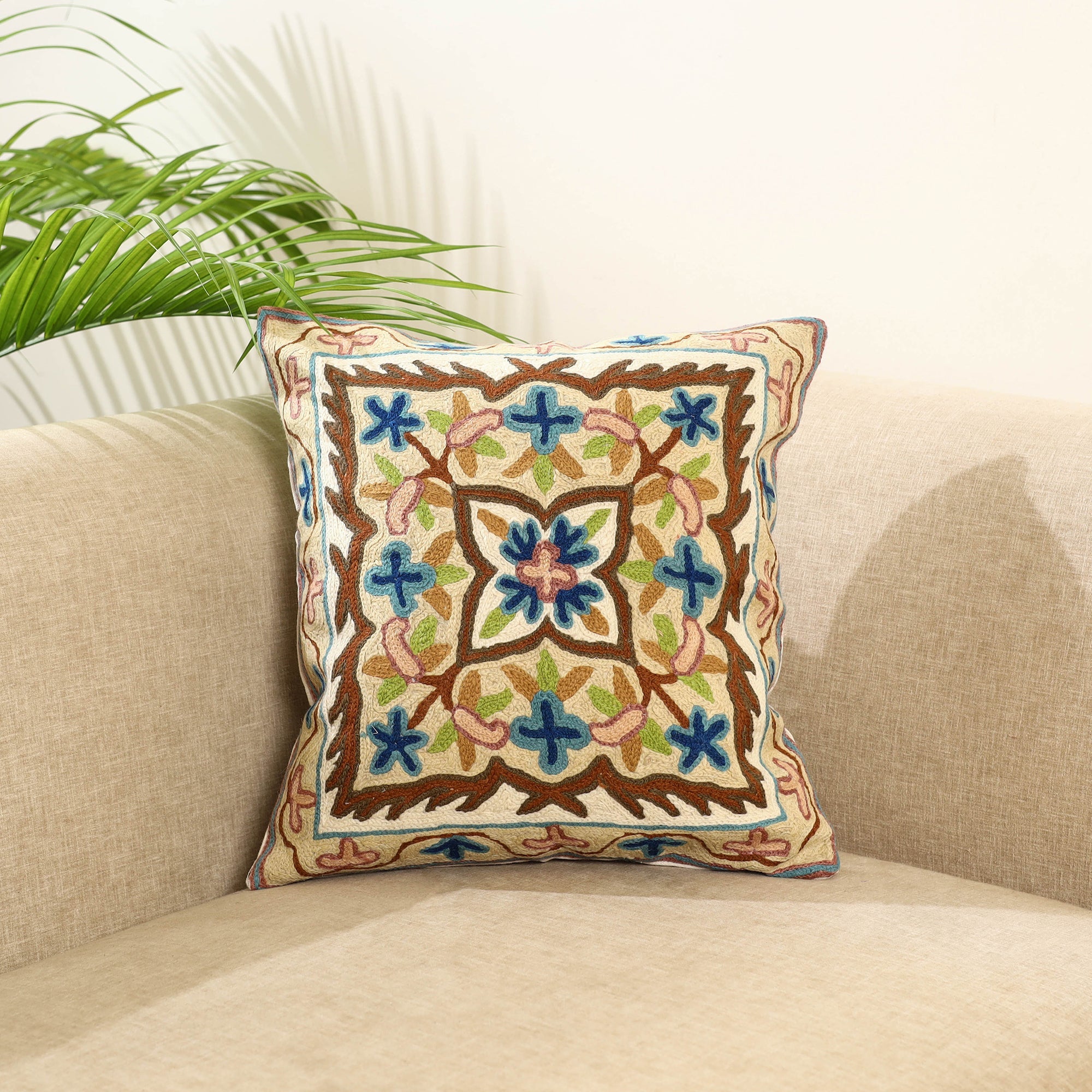 White - multicolor - wool thread crewel embroidery cushion