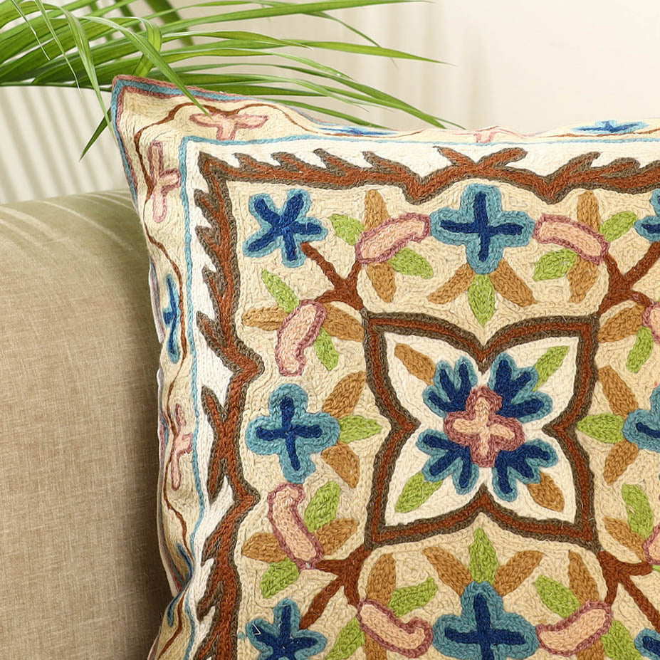 White - multicolor - wool thread crewel embroidery cushion