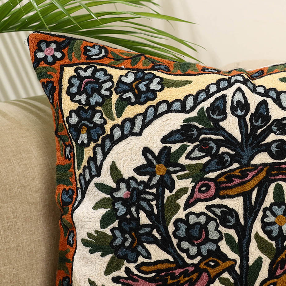 Multicolor Wool Thread Crewel Embroidery Cushion Cover