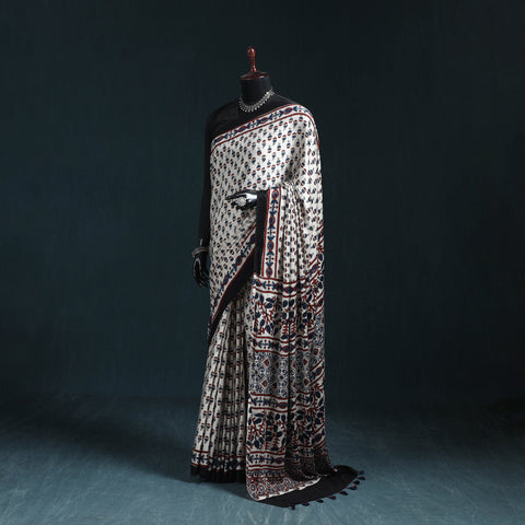 Natural dyed modal silk kutch hand block print ajrakh saree