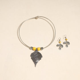 Navratri Special! White German Silver Wooden Beads Hasli Necklace Set