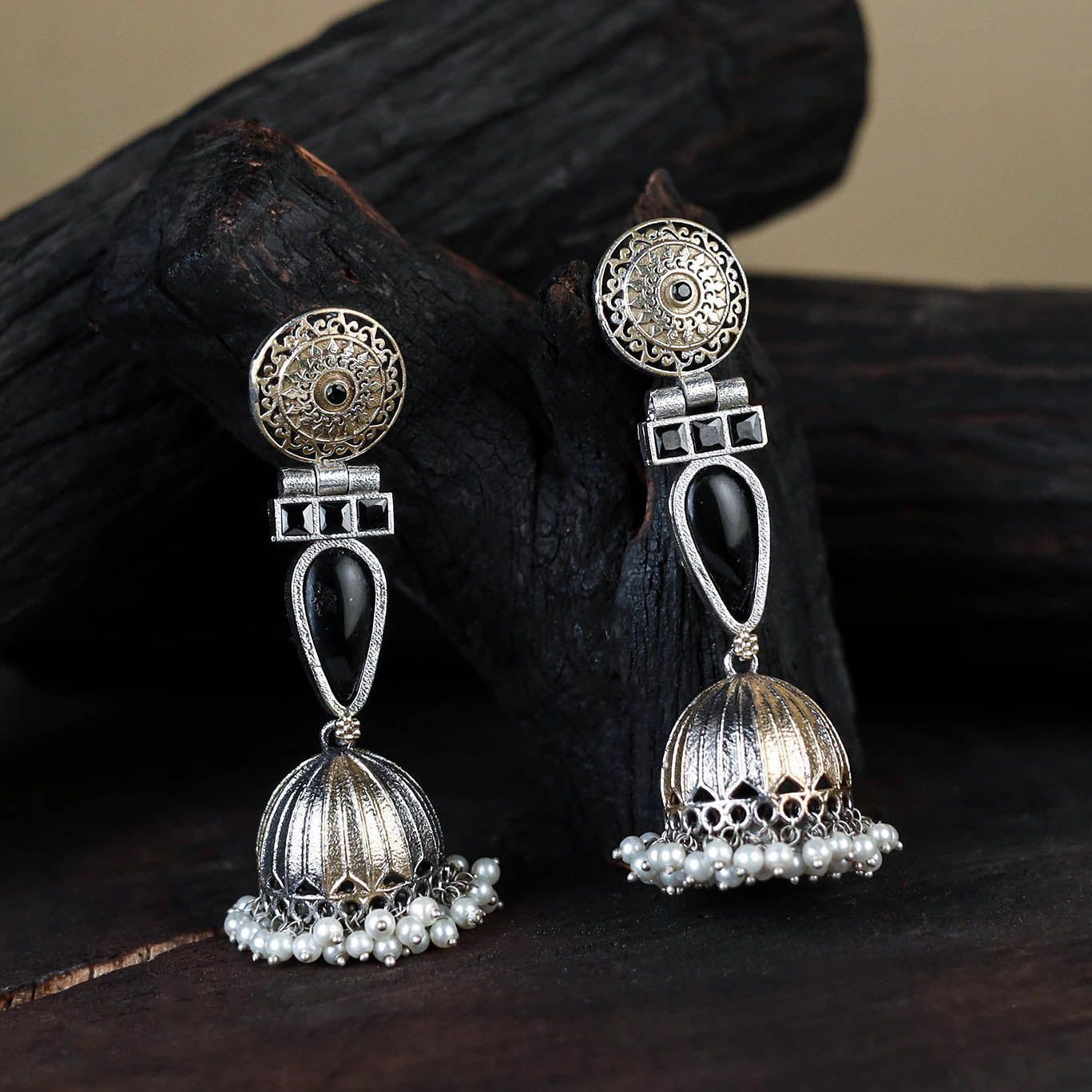 White Noor-e-Jhumka Classic German Silver Earrings