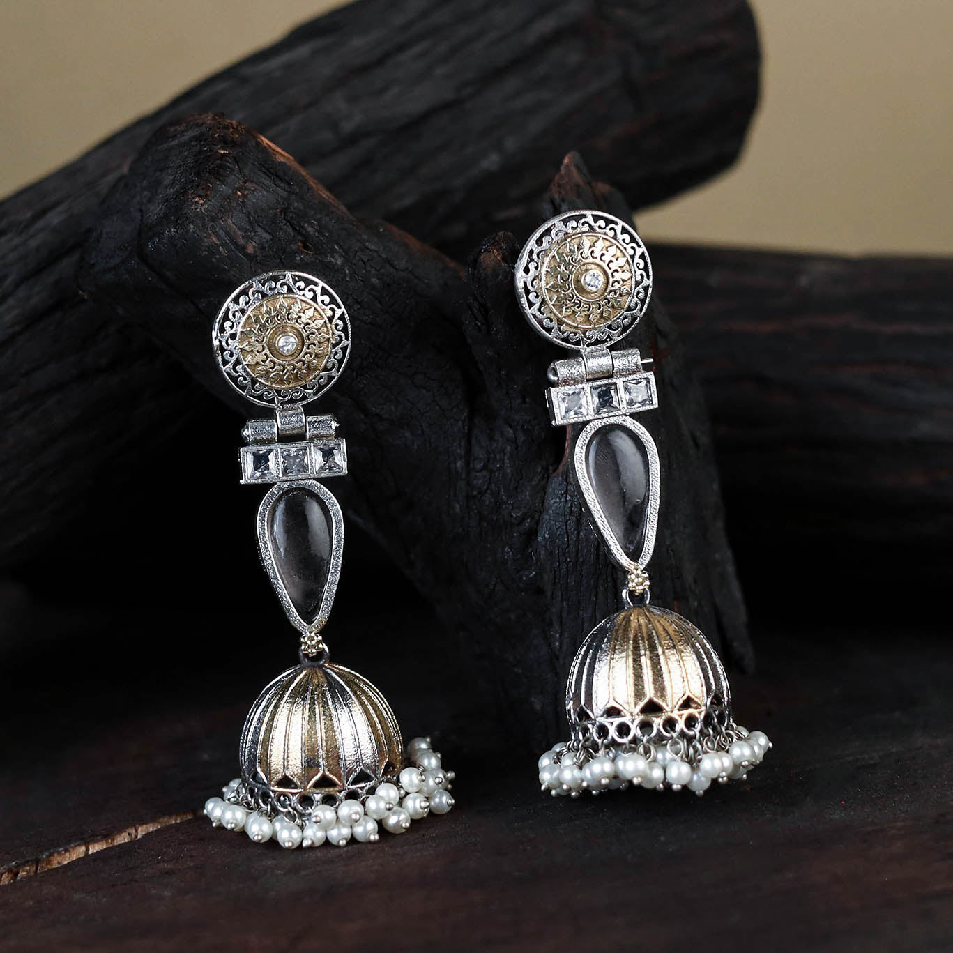 White Noor-e-Jhumka Classic German Silver Earrings