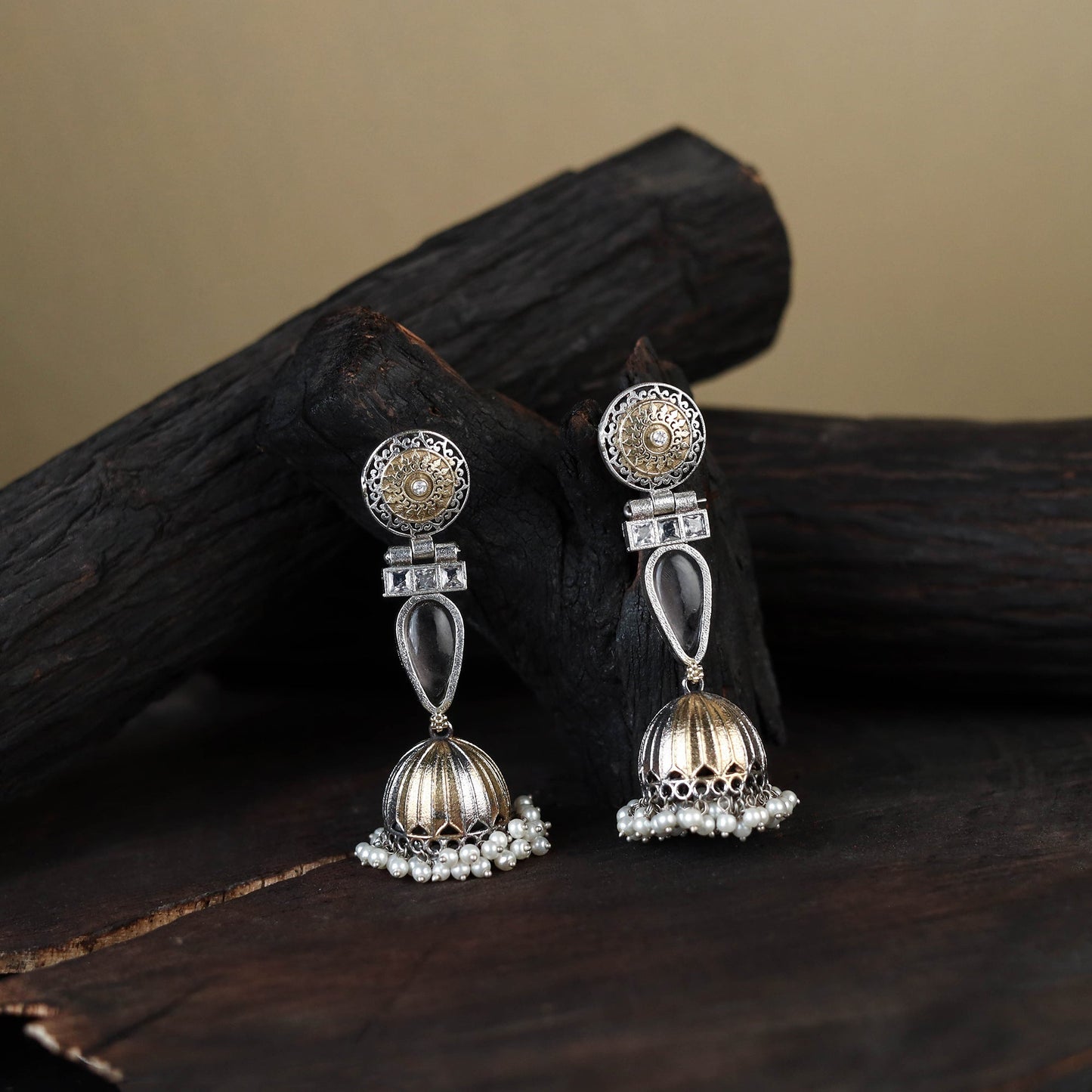 White Noor-e-Jhumka Classic German Silver Earrings