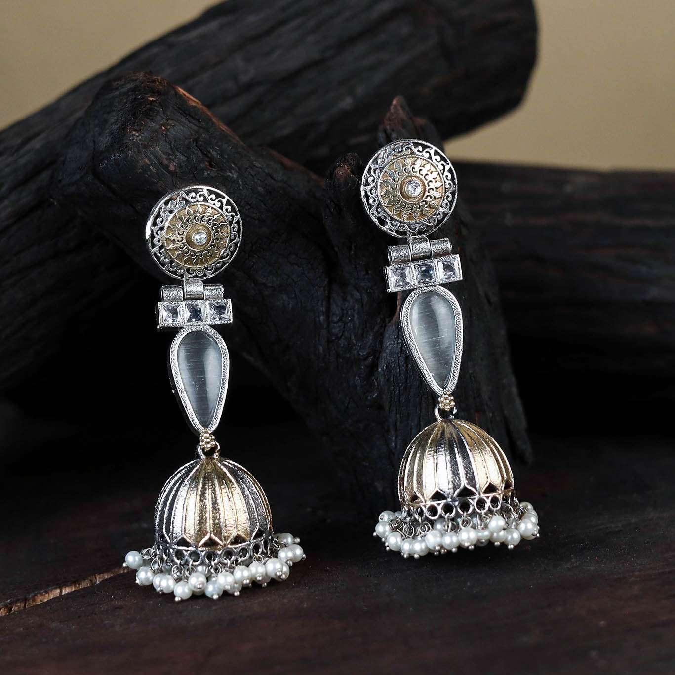 White Noor-e-Jhumka Classic German Silver Earrings