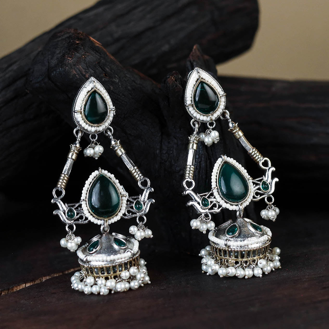 White - noor-e-jhumka classic german silver earrings 15