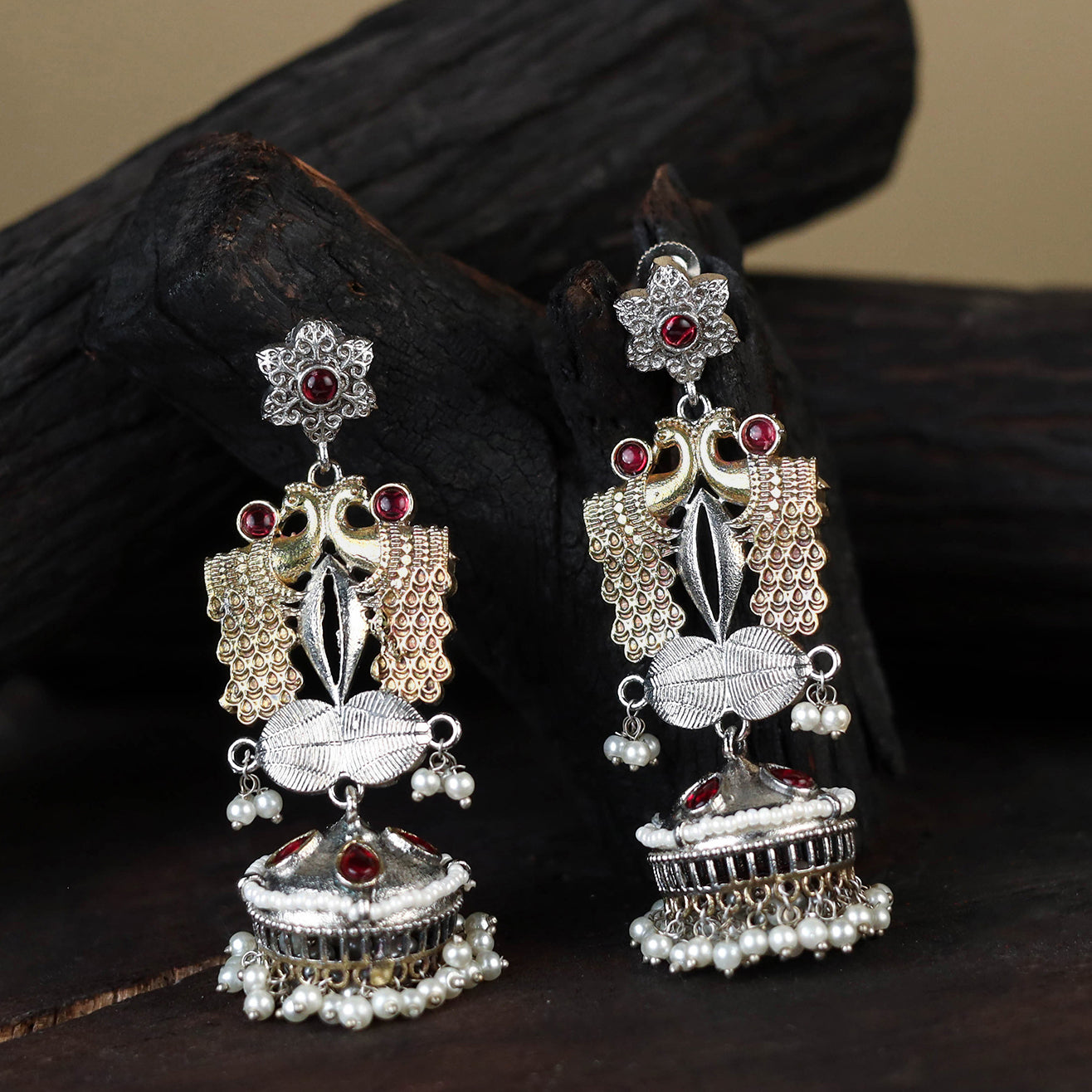 White Noor-e-Jhumka Classic German Silver Earrings