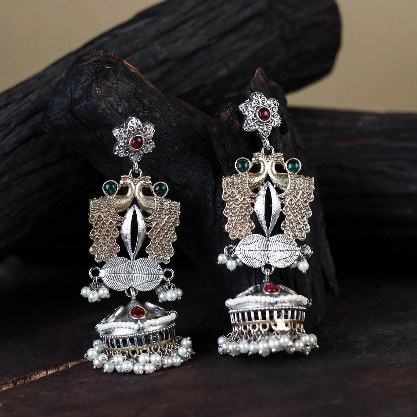 White Noor-e-Jhumka Classic German Silver Earrings