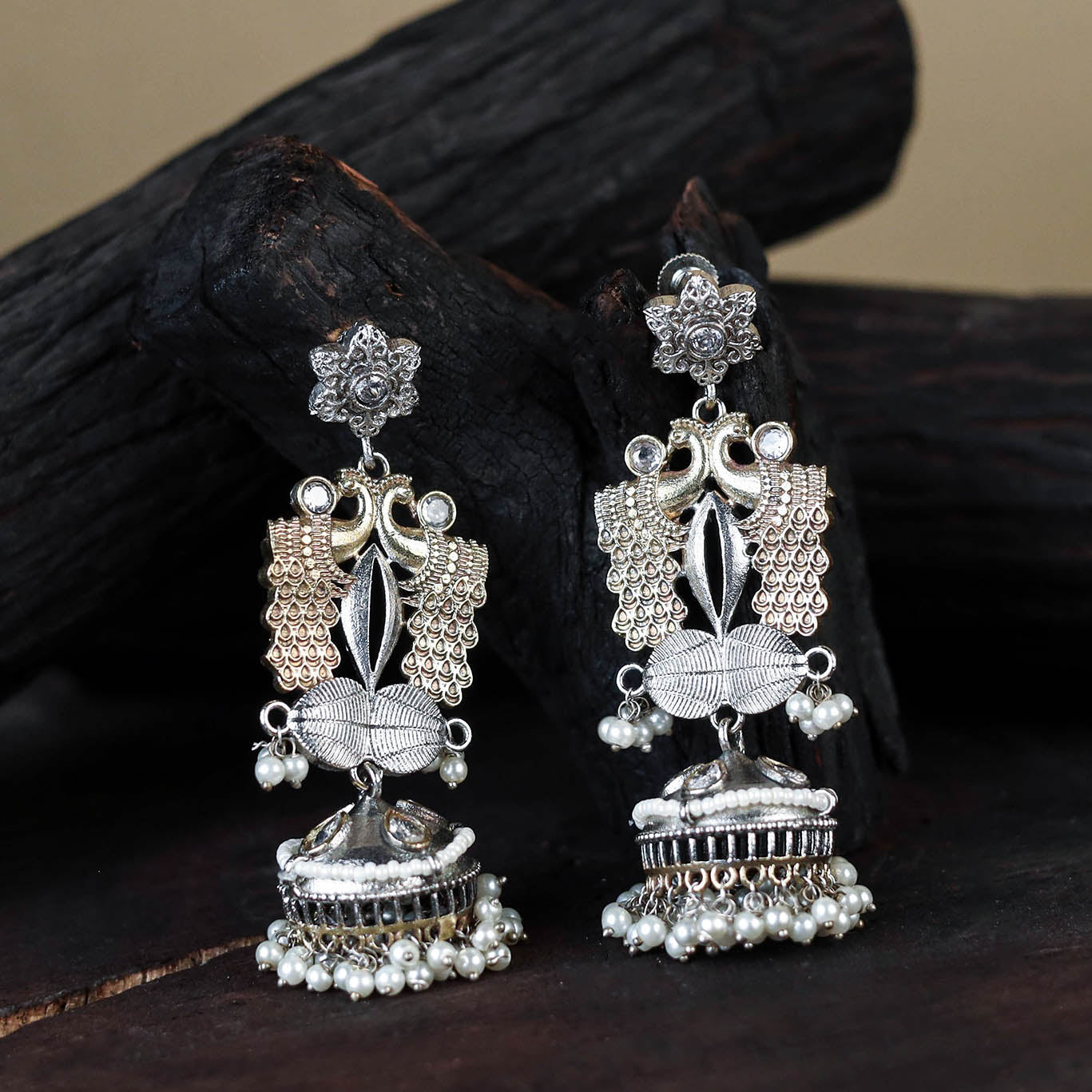 White Noor-e-Jhumka Classic German Silver Earrings