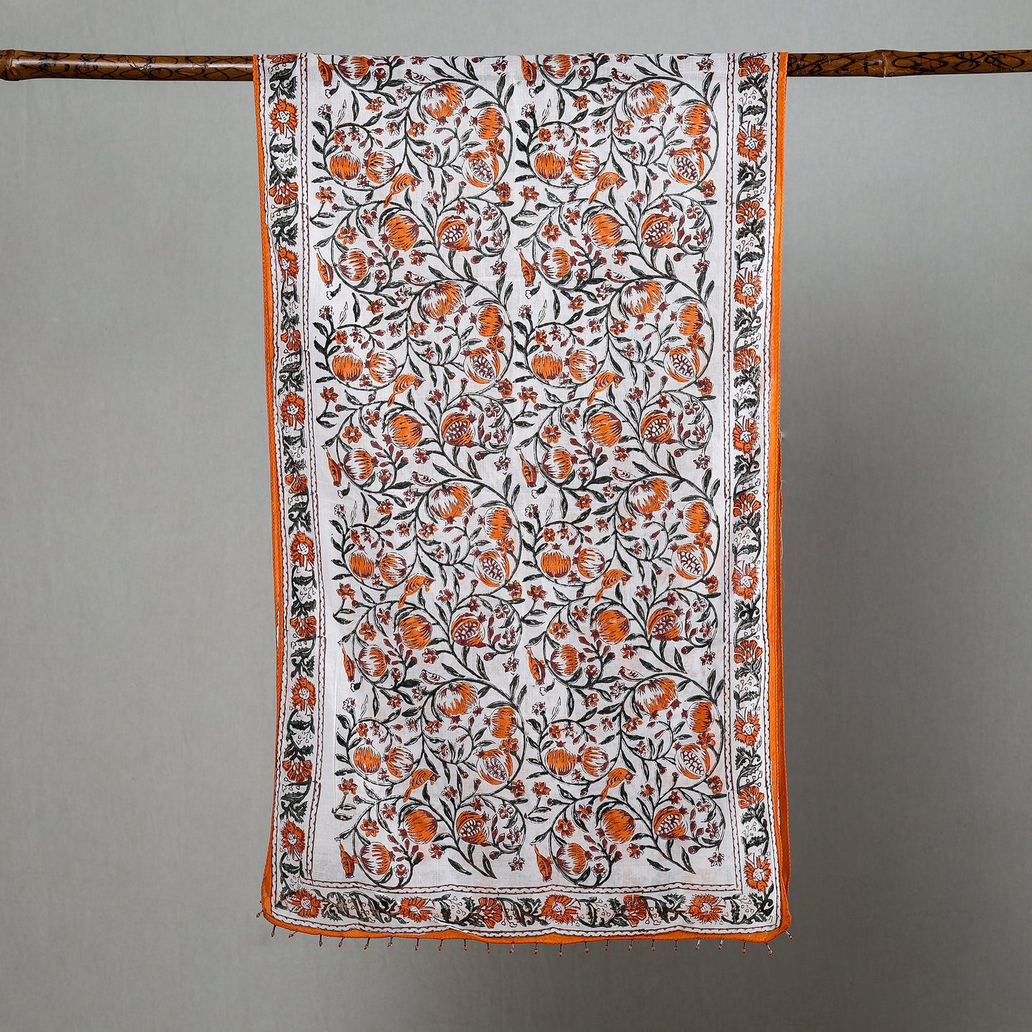 White with Orange Flowers Sanganeri Block Printed Cotton Stole with Beaded Border 