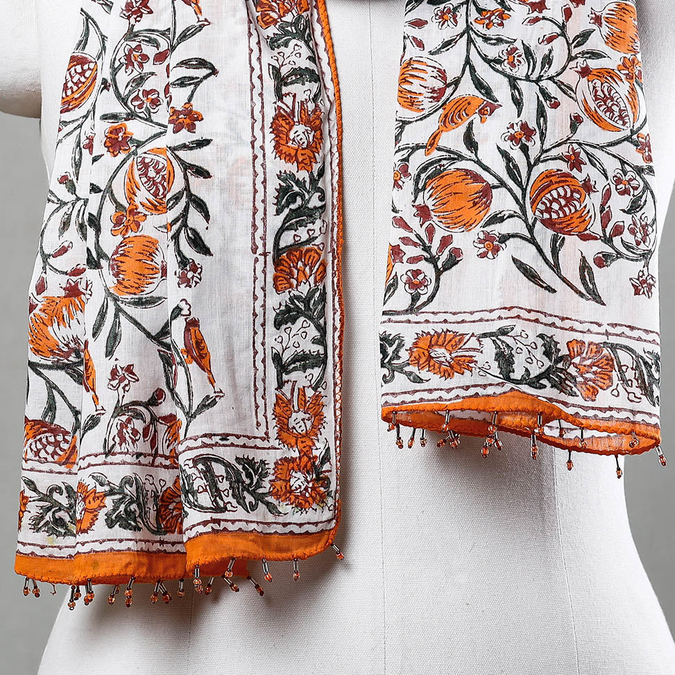  White with Orange Flowers Sanganeri Block Printed Cotton Stole with Beaded Border 