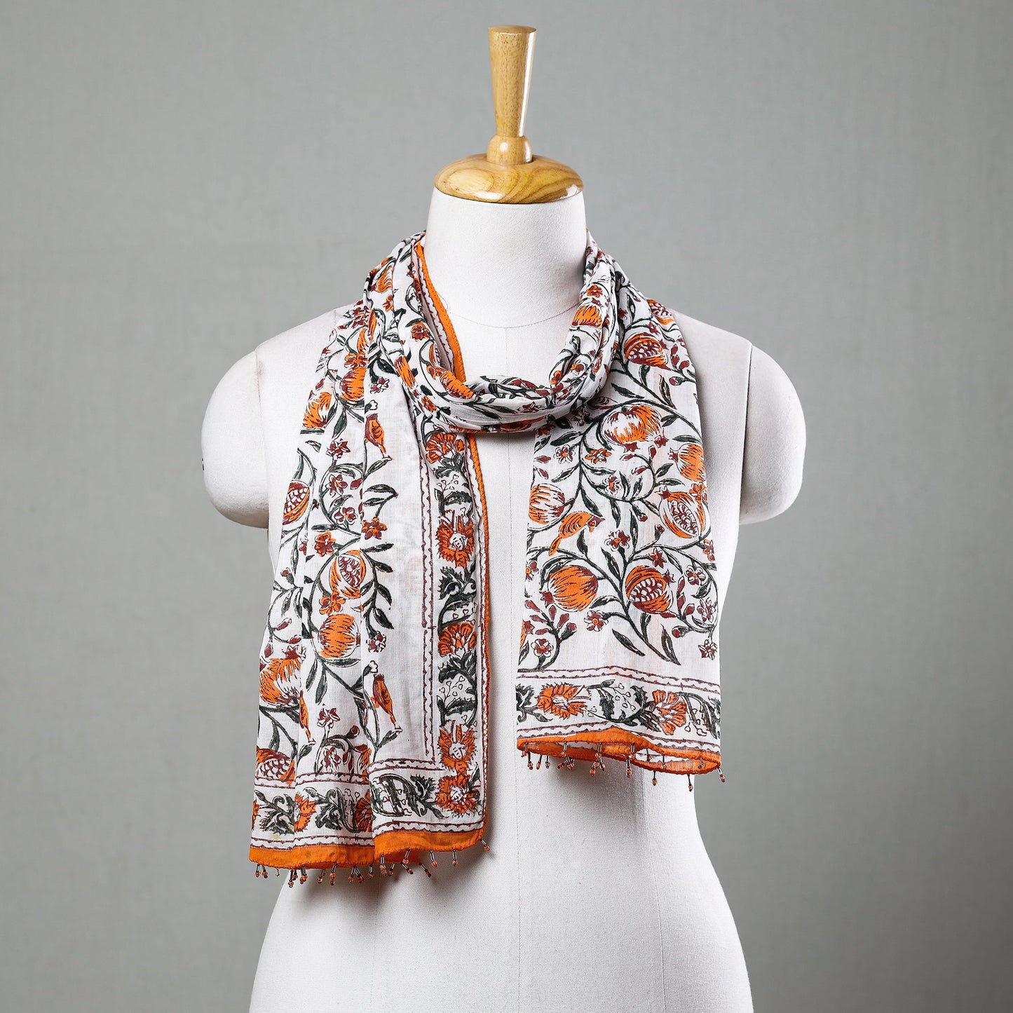  White with Orange Flowers Sanganeri Block Printed Cotton Stole with Beaded Border 