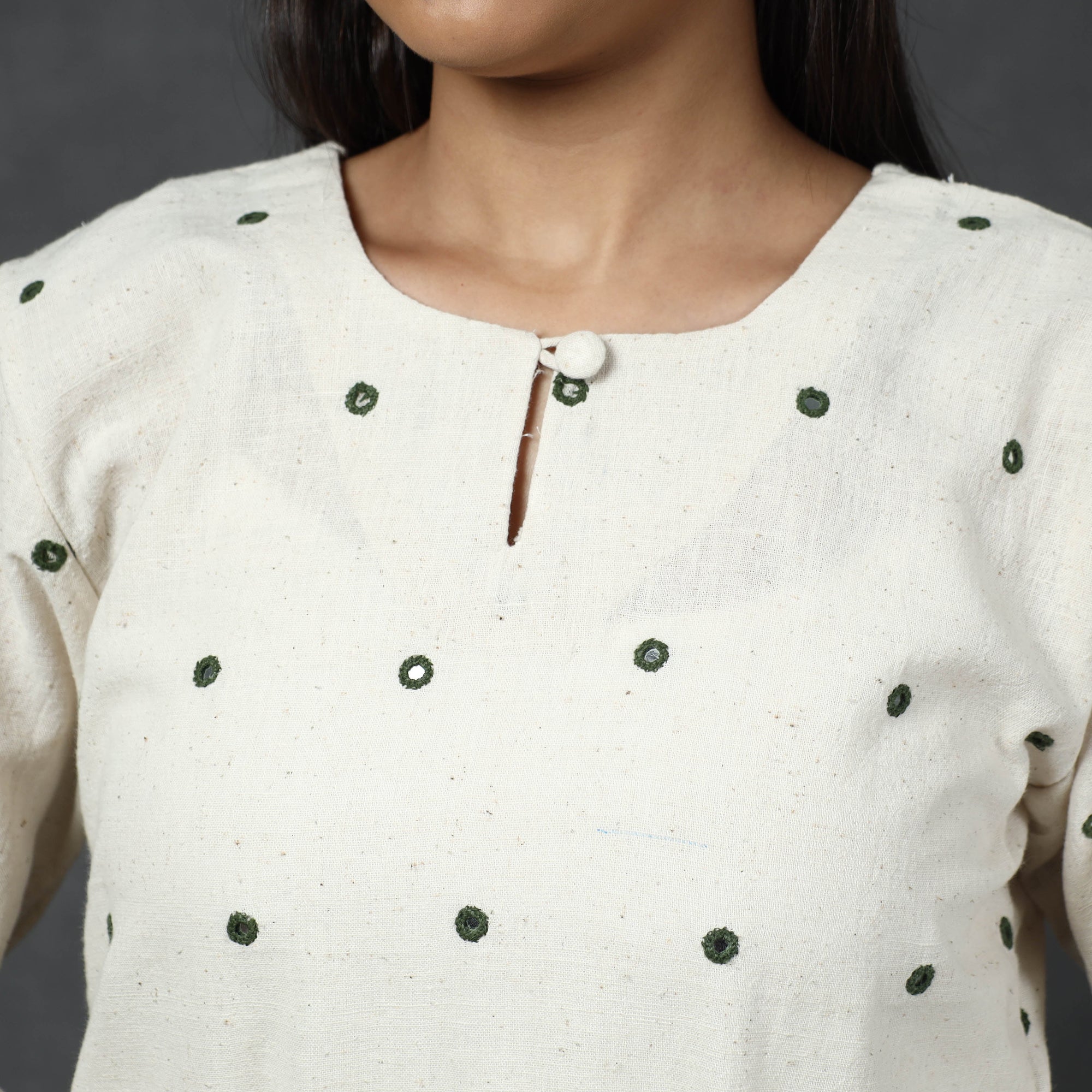 White - Organic Kala Cotton Handloom Mirror Work Long Kurta