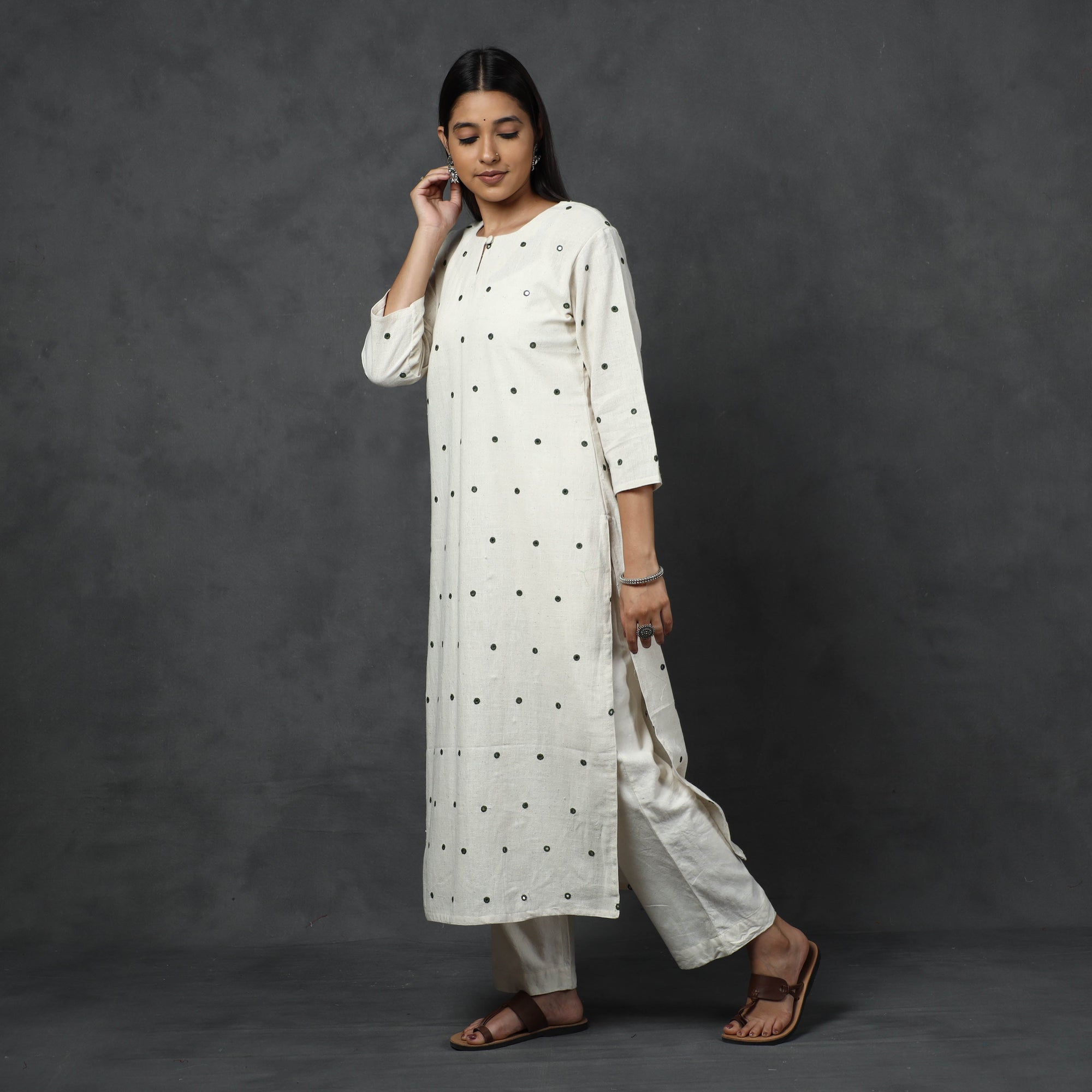 White - Organic Kala Cotton Handloom Mirror Work Long Kurta