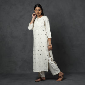 White - Organic Kala Cotton Handloom Mirror Work Long Kurta