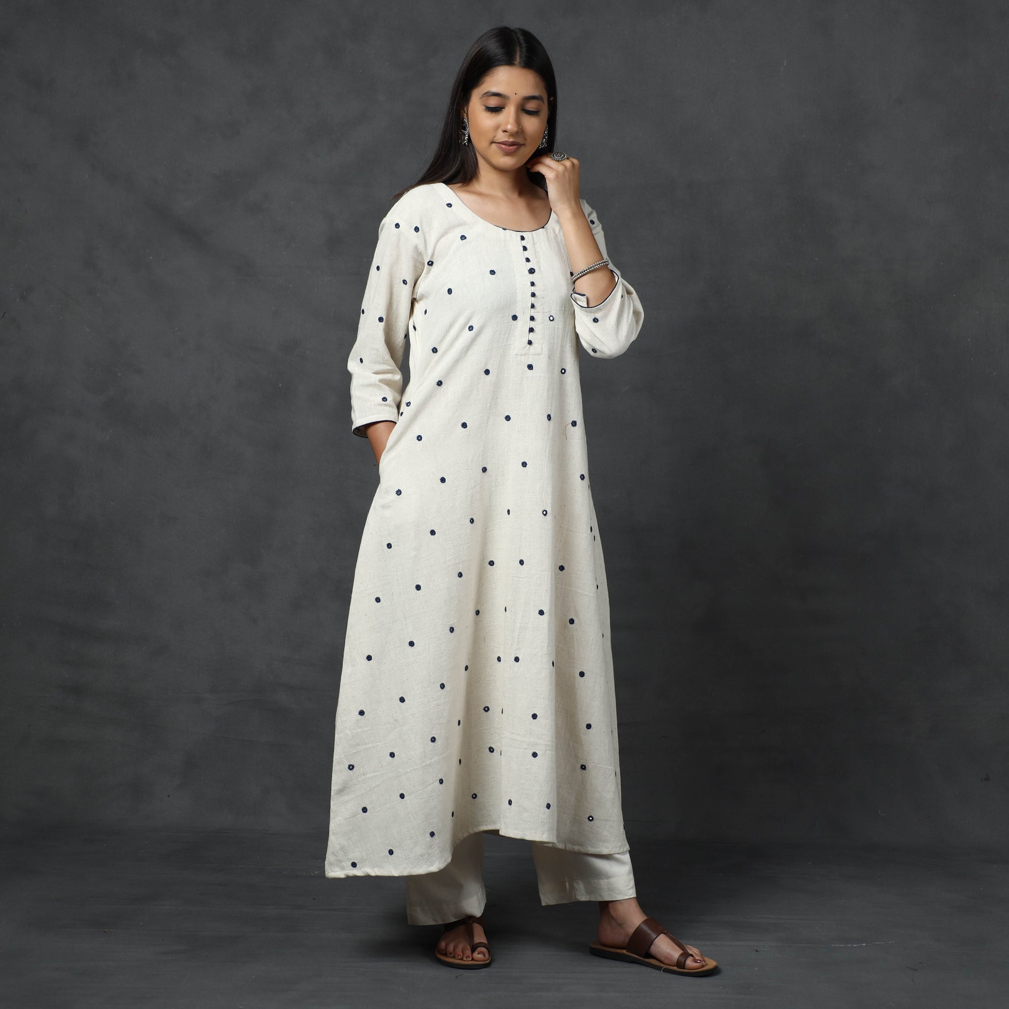 Organic Kala Cotton Handloom Mirror Work Long Kurta for Women