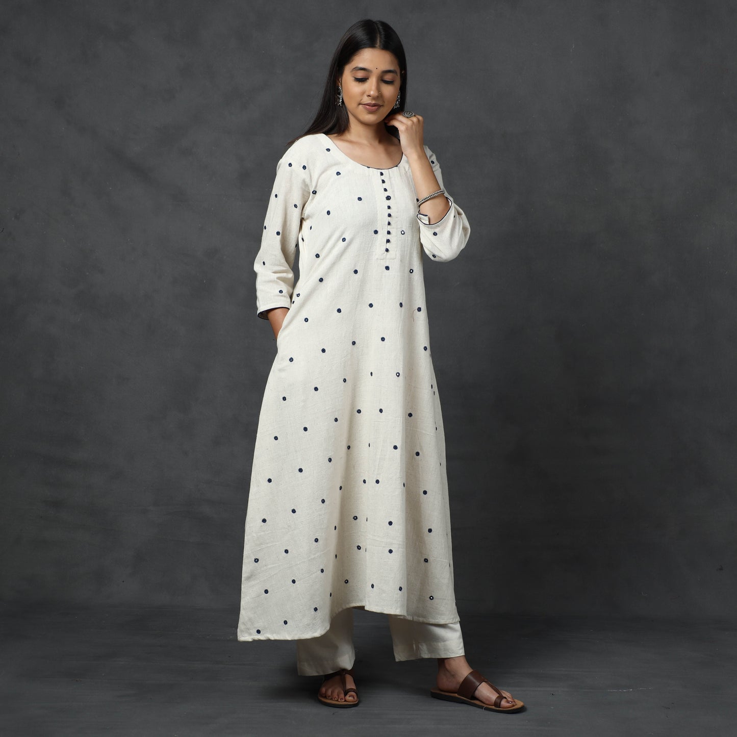 Organic Kala Cotton Handloom Mirror Work Long Kurta for Women