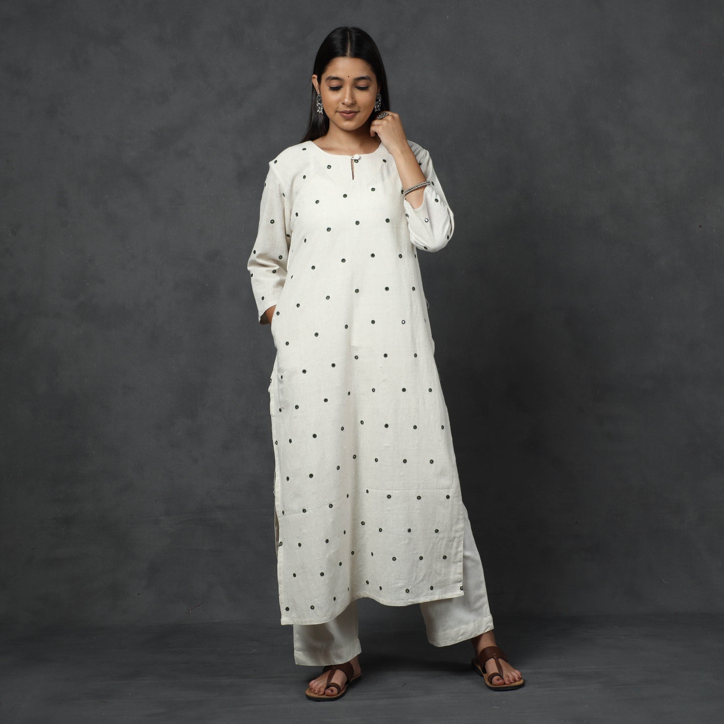 White - Organic Kala Cotton Handloom Mirror Work Long Kurta