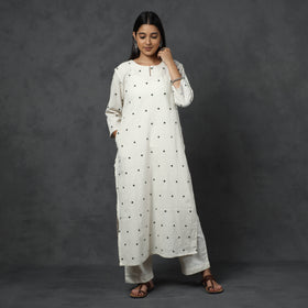 White - Organic Kala Cotton Handloom Mirror Work Long Kurta
