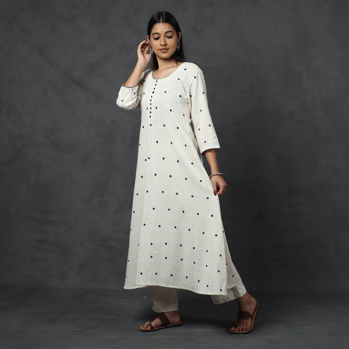 Organic Kala Cotton Handloom Mirror Work Long Kurta for Women