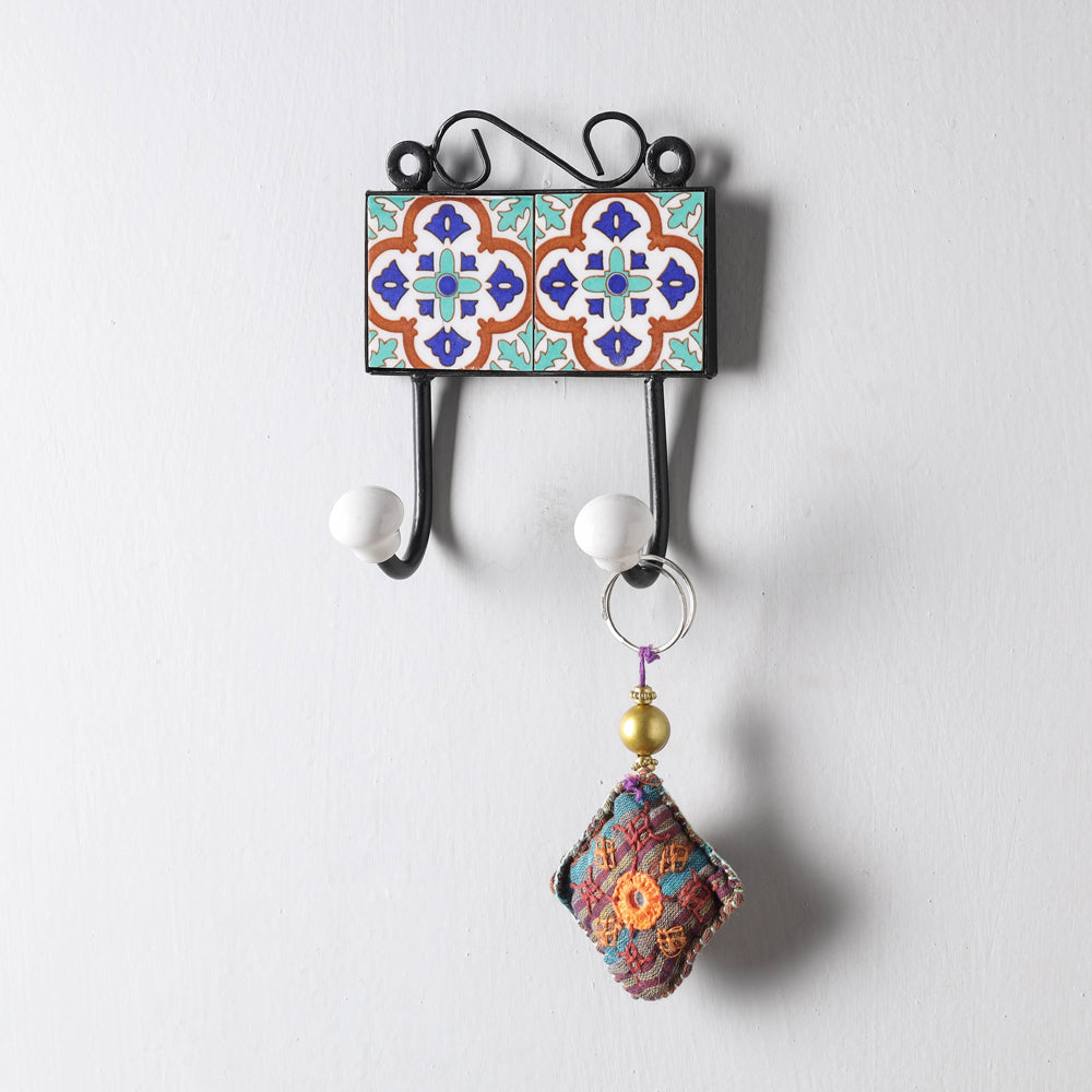  Original Blue Pottery Ceramic Tile Wall Hook Hanger (2 Peg) 