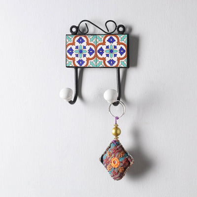  Original Blue Pottery Ceramic Tile Wall Hook Hanger (2 Peg) 